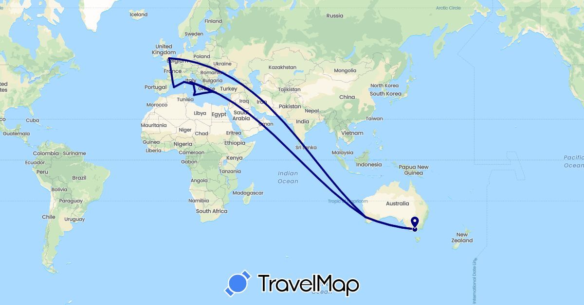 TravelMap itinerary: driving in Australia, Spain, France, United Kingdom, Greece, Italy, Malta, Turkey (Asia, Europe, Oceania)